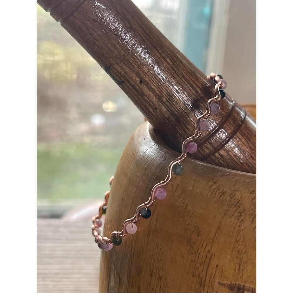 Rainbow tourmaline 8” 99.9% copper wire beaded beads handcrafted handmade dainty